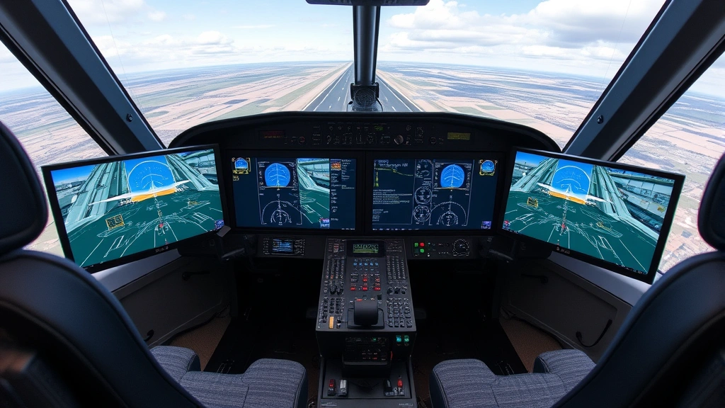 Wide angle view of complete flight simulator station with dual monitors displaying realistic aircraft flight path, terrain, and approach guidance system during landing approach