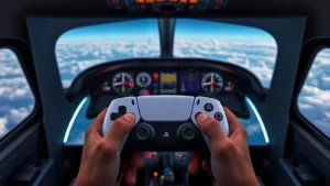 Photorealistic PS5 DualSense controller being held by hands in front of a glowing screen showing a commercial aircraft cockpit interior with detailed instruments and windscreen view of clouds below