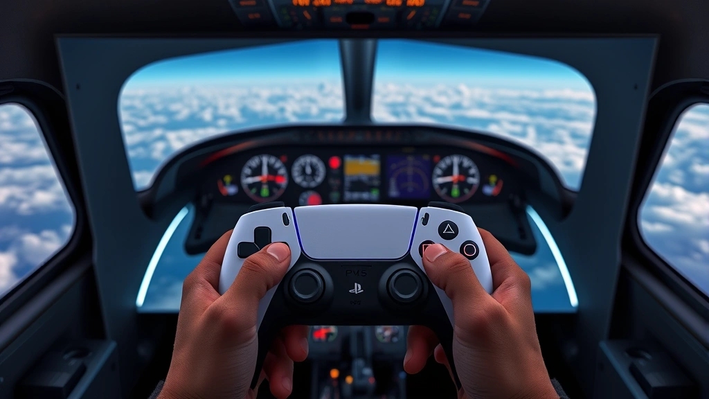 Photorealistic PS5 DualSense controller being held by hands in front of a glowing screen showing a commercial aircraft cockpit interior with detailed instruments and windscreen view of clouds below