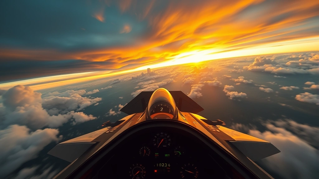 Wide-angle view of a fighter jet cockpit during sunset flight with dramatic clouds, mountains visible below, realistic instrument panel reflecting golden light, no text or HUD elements visible