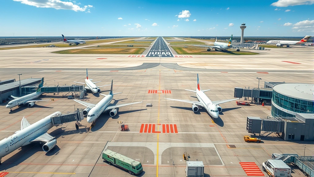 Overhead view of a detailed airport terminal with multiple aircraft parked at gates, runway stretching into distance, realistic ground vehicles and ground crew working, natural daylight illumination