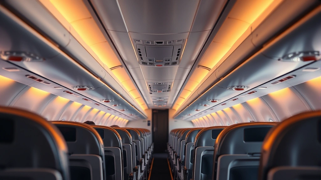 Spacious aircraft cabin interior showing comfortable economy seating rows with overhead bins, aisle views, and warm ambient lighting creating welcoming atmosphere