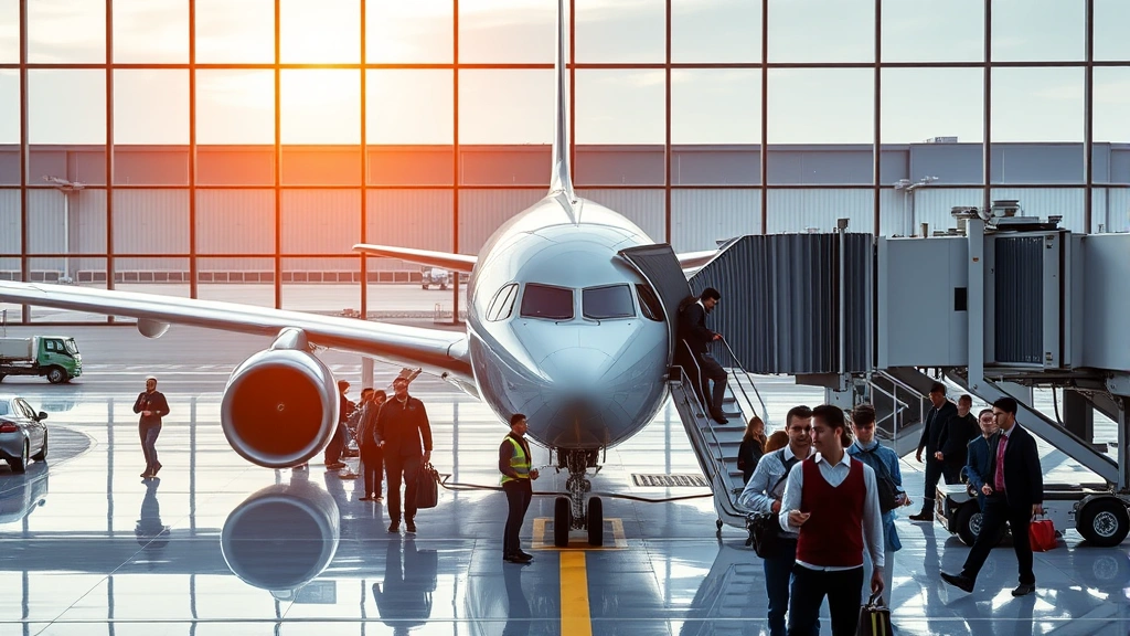 Airport gate area with passengers boarding modern aircraft, showing ground crew coordination and departure procedures with professional airline operations in action