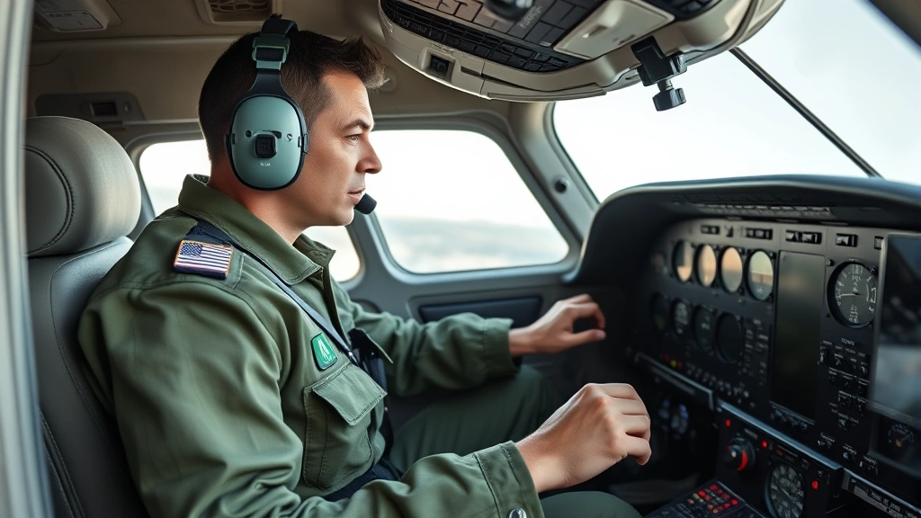 Professional pilot wearing sage green Nomex flight suit in modern aircraft cockpit, adjusting controls with multiple visible pockets and professional appearance