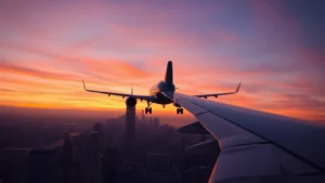 Modern commercial airplane approaching landing at sunset over New York City skyline, with Manhattan buildings visible below and airplane wing in foreground, realistic photography style
