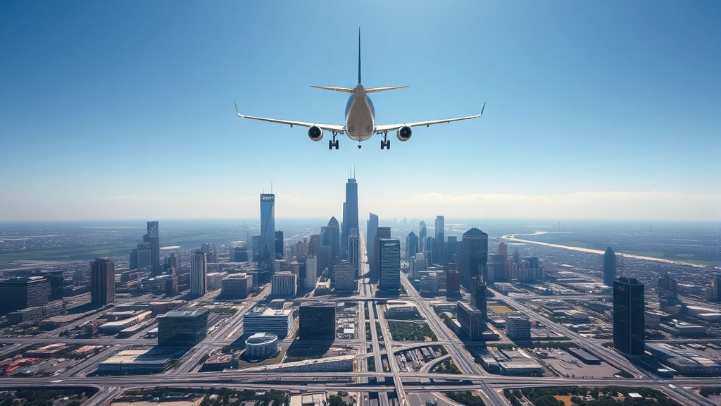 Aerial view of Houston skyline with airplane flying overhead, clear blue sky, downtown buildings and highways visible below, professional aviation photography