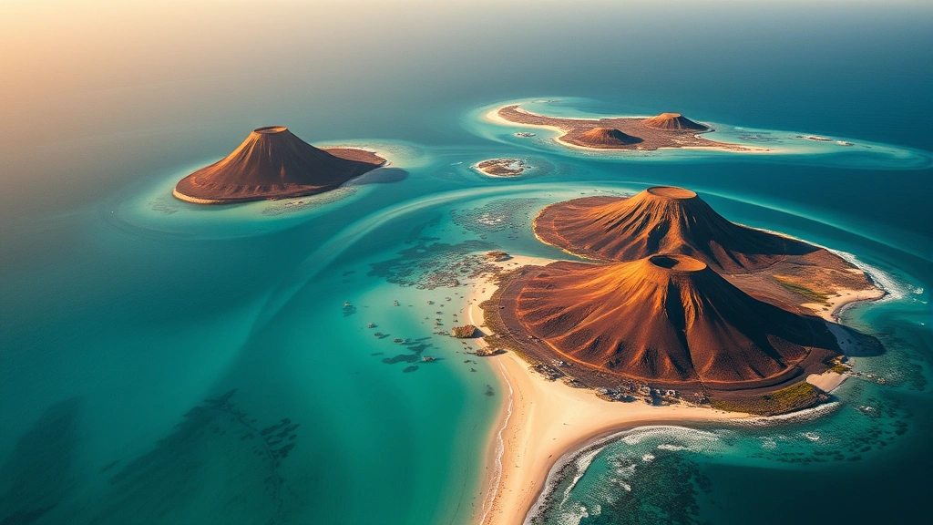 Aerial view of Cape Verde's turquoise ocean waters and volcanic islands with white sandy beaches, golden sunlight, tropical paradise landscape photography