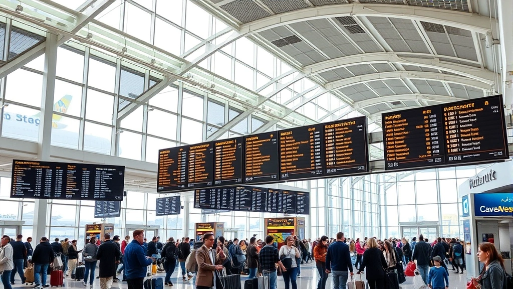 Busy international airport terminal with departure boards, travelers with luggage, modern architecture, natural daylight from large windows, vibrant travel atmosphere
