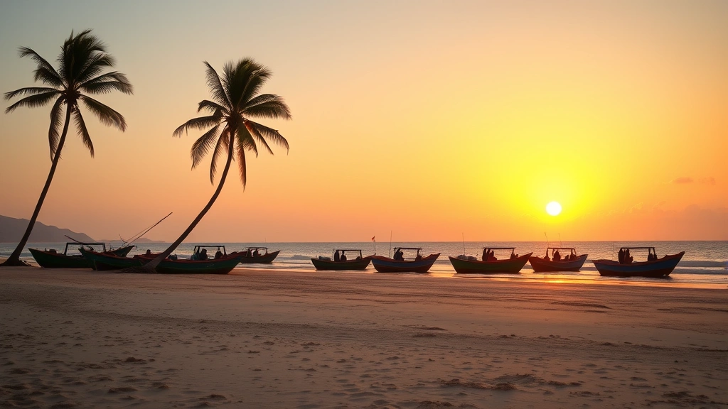 Scenic Cape Verde beach sunset with palm trees, calm Atlantic Ocean waters, colorful traditional fishing boats, local island culture, warm golden hour lighting