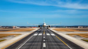 Aerial view of Buffalo Niagara International Airport runway with aircraft taking off toward blue sky, professional aviation photography, daytime lighting, clear weather conditions