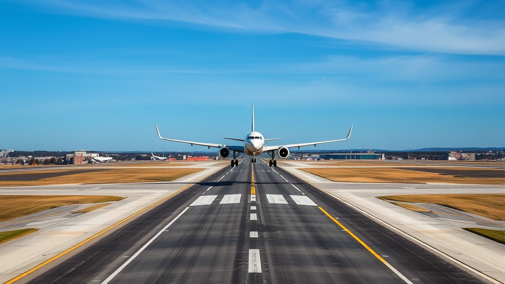 Aerial view of Buffalo Niagara International Airport runway with aircraft taking off toward blue sky, professional aviation photography, daytime lighting, clear weather conditions
