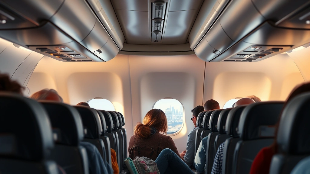 Modern aircraft cabin interior with passengers seated in economy class, comfortable seating, overhead bins, window seats with city views below during flight, realistic travel photography