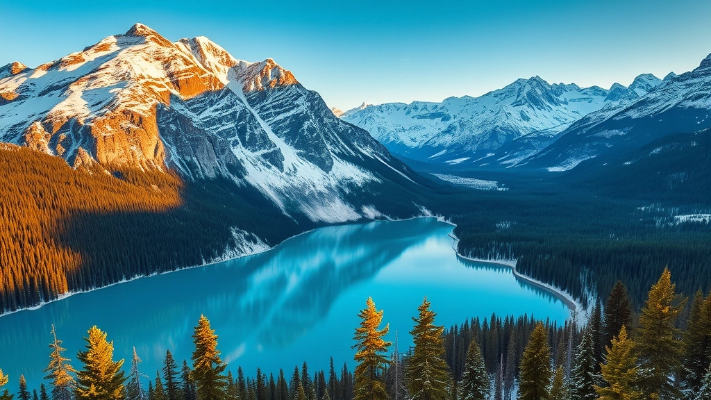 Aerial view of turquoise Lake Louise surrounded by snow-capped Rocky Mountains and evergreen forests in Banff National Park, golden hour lighting, photorealistic landscape photography