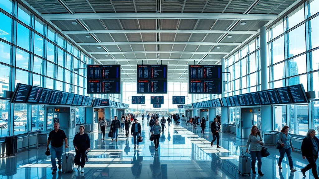 Busy Calgary International Airport terminal interior with passengers walking through modern glass corridors and departure boards, natural daylight from large windows, photorealistic travel photography