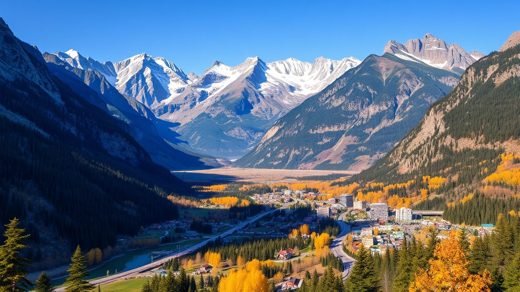 Panoramic view of Banff townsite nestled in mountain valley with dramatic peaks in background, autumn colors in trees, clear blue sky, photorealistic landscape composition