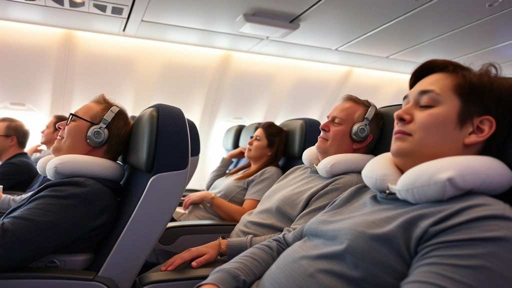 Passengers sleeping comfortably in premium economy seats with reclined backrests, neck pillows, and overhead lighting adjusted, showing the spacious cabin of a modern wide-body aircraft