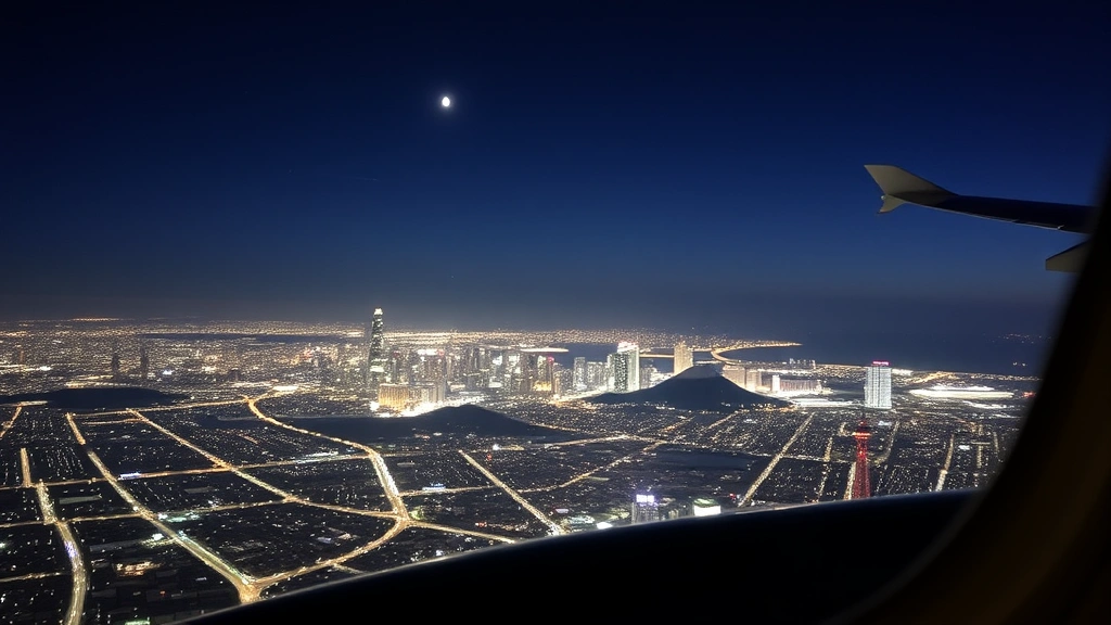 Tokyo skyline at night with illuminated city lights and Mount Fuji visible in the distance, viewed from an aircraft window at cruising altitude, showing the approach to Haneda Airport