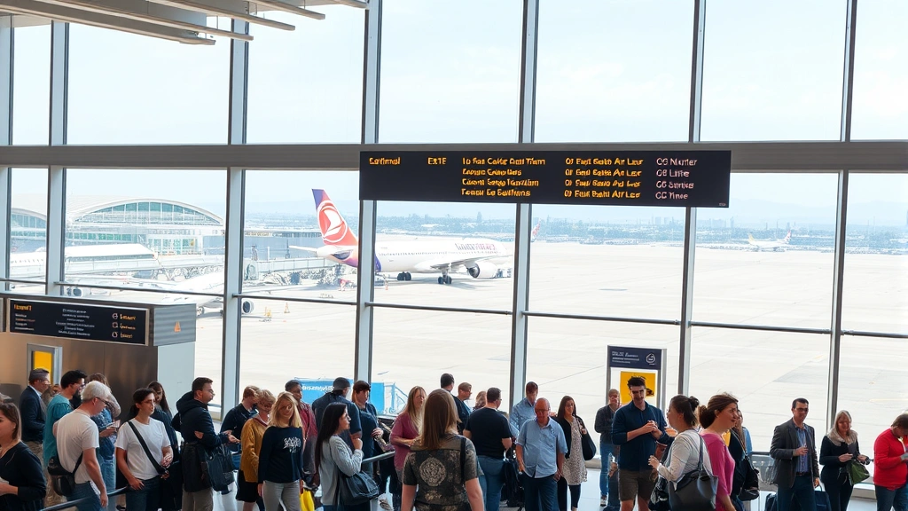 Busy international airport terminal with diverse travelers at check-in counters, large windows showing aircraft outside, modern airport architecture and signage visible