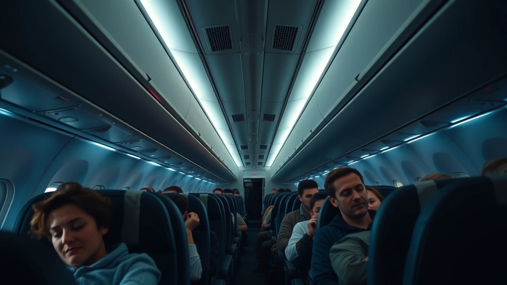 Passengers inside modern aircraft cabin during long-haul flight, sleeping and resting in seats, overhead bins stored with luggage, dim cabin lighting during night flight