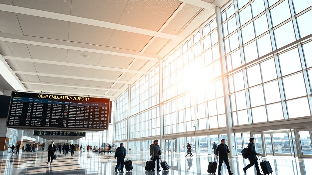 Modern Calgary International Airport terminal interior with departures board, travelers with luggage, and bright natural lighting from large windows