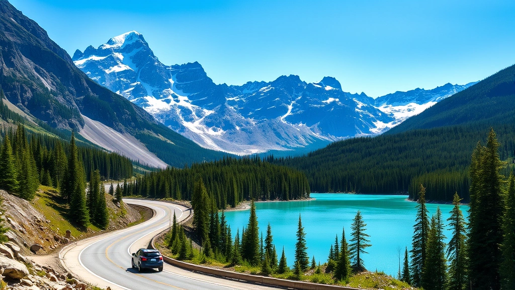 Scenic mountain highway with turquoise glacier-fed lake in foreground, dramatic peaks in background, and car driving along winding road through forest