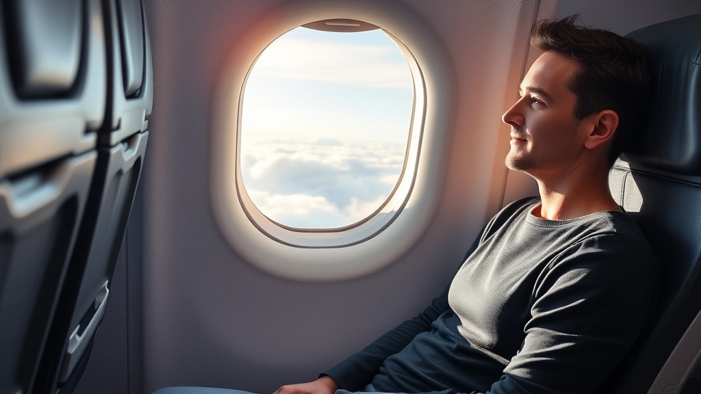 Calm passenger sitting peacefully by airplane window, serene expression, looking at clouds during flight, natural lighting, relaxed body language, modern aircraft cabin interior