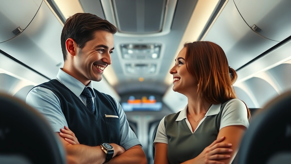 Flight attendant reassuring nervous passenger with warm smile in aircraft cabin, professional demeanor, passenger looking less anxious, modern airplane interior with overhead bins