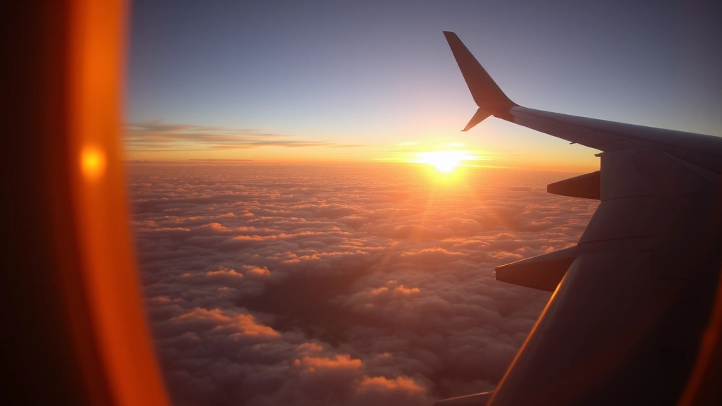 Peaceful sunset view through airplane window, puffy clouds below, golden light, serene atmosphere, wide-angle perspective showing wing and sky, tranquil travel moment