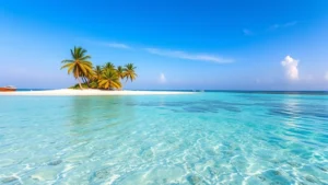 Tropical turquoise ocean waters with white sandy beach and palm trees, Maldives seascape, golden hour lighting, no people visible, crystal clear shallow waters with coral reef visible below