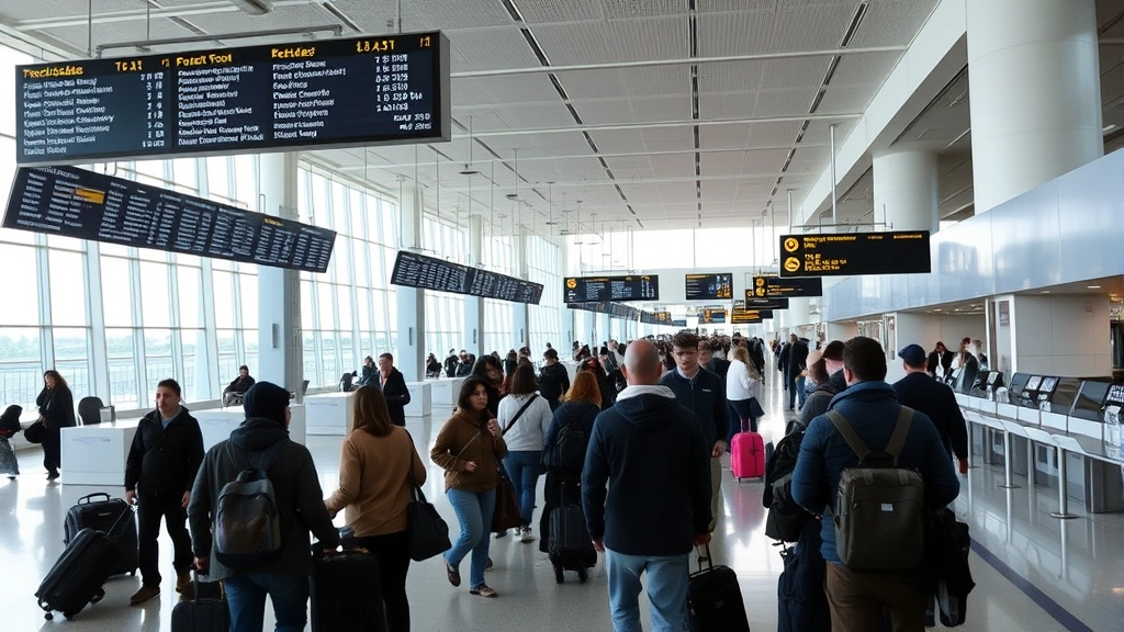 Modern airport terminal interior with flight information displays, travelers with luggage, check-in counters, bright natural lighting from large windows, diverse passengers, busy travel hub atmosphere