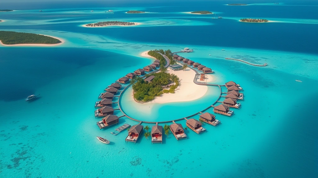 Aerial view of Maldives overwater bungalows and resort islands surrounded by turquoise lagoon water, lush vegetation, white sand beaches, multiple islands visible, tropical paradise landscape photography