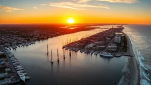 Aerial panoramic view of Charleston harbor with sailboats, historic waterfront district, and Atlantic Ocean coastline during golden hour sunset, professional travel photography
