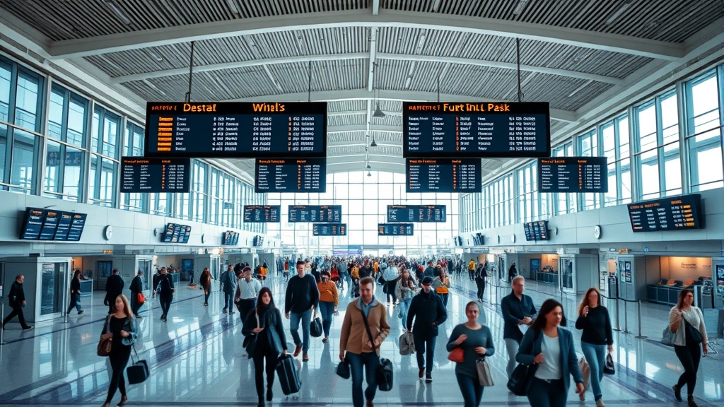 Bustling modern airport terminal interior showing travelers walking through gates, departure boards illuminated, large windows with natural light, contemporary airport architecture