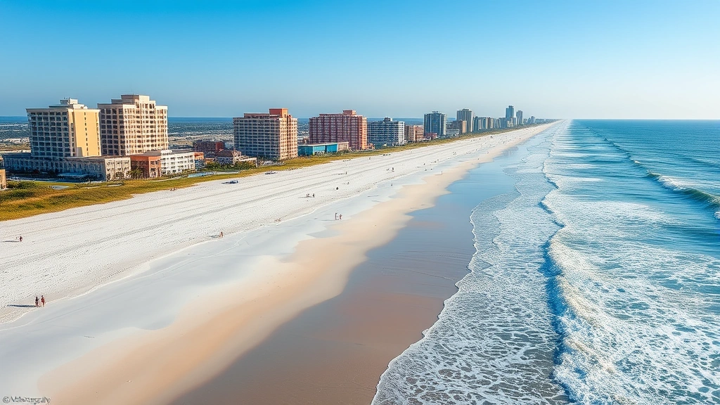 Scenic Myrtle Beach coastline with white sand, ocean waves, beach resorts in background, clear blue sky, families enjoying the shore, professional vacation destination photography