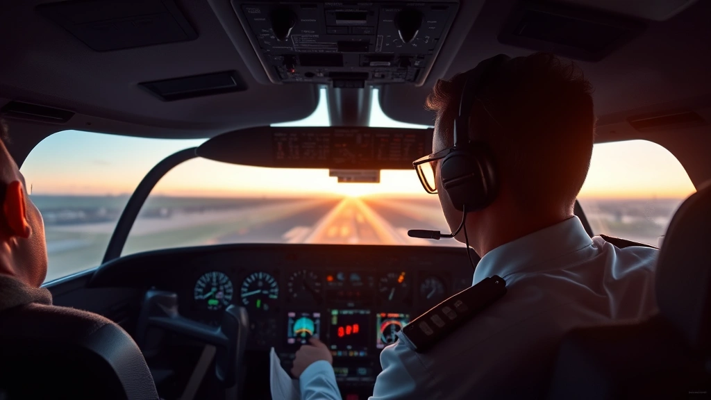 Professional pilot in cockpit reviewing flight instruments and navigational displays during pre-flight checks, dramatic lighting through windscreen showing runway ahead