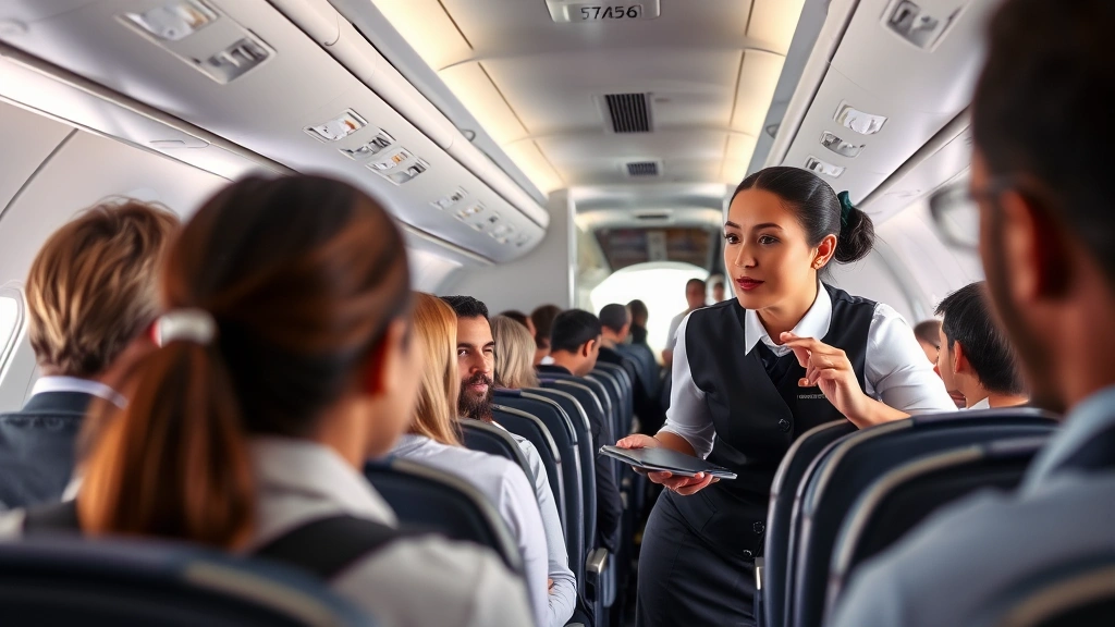 Flight attendant in uniform demonstrating safety procedures to diverse passengers in aircraft cabin during boarding, natural cabin lighting, focus on communication