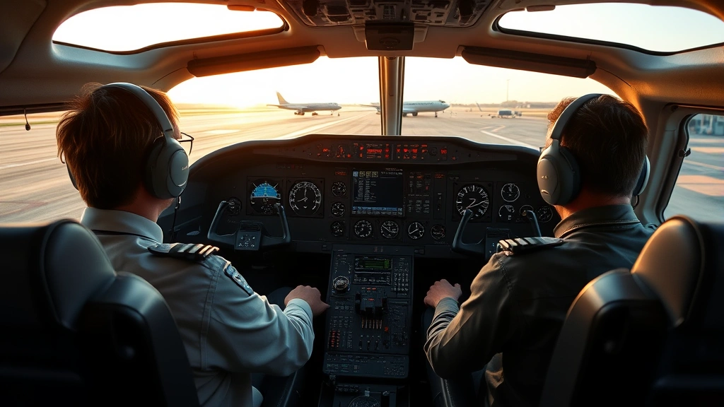 Modern aircraft cockpit with pilots conducting pre-flight checks, detailed instrument panel visible, early morning airport tarmac in background, professional aviation environment, photorealistic
