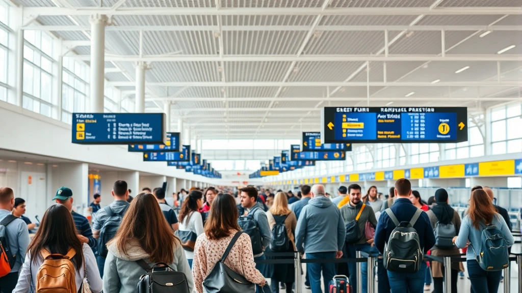 Busy airport terminal with diverse passengers at check-in counters, baggage handling systems visible, modern airport architecture, bustling travel hub atmosphere, daytime lighting, high-resolution