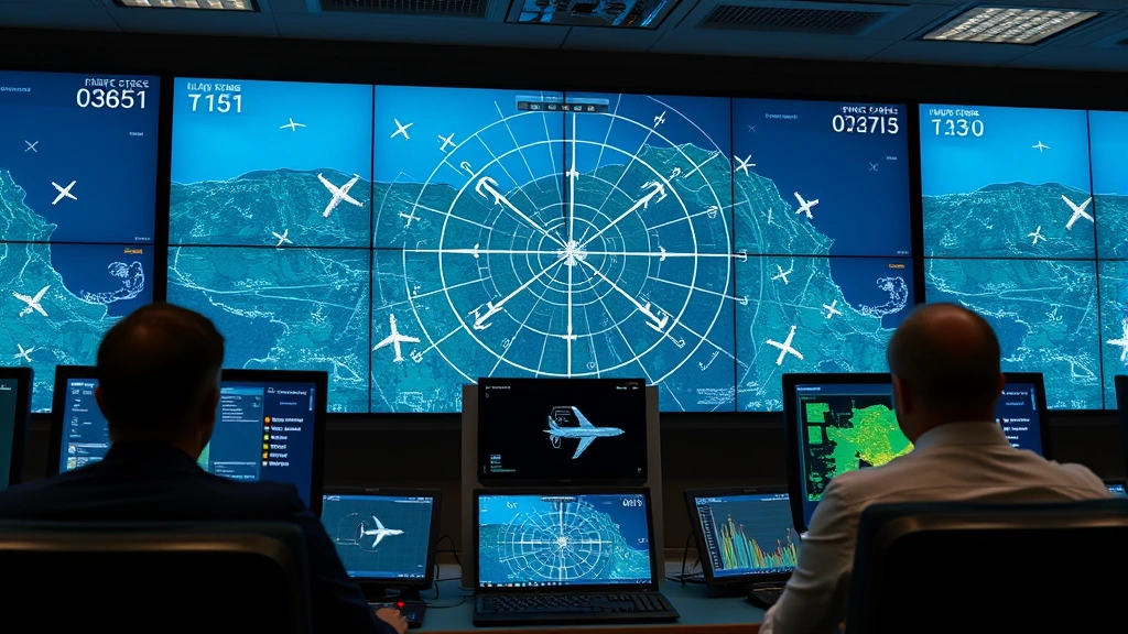 Real-time flight tracking display showing multiple aircraft positions on radar screen, air traffic control center setting with multiple monitors, professional aviation technology environment, detailed digital interface