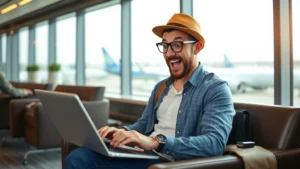 Traveler with excited expression checking flight prices on laptop at airport lounge with window view of planes, professional photography, bright natural lighting, modern airport setting