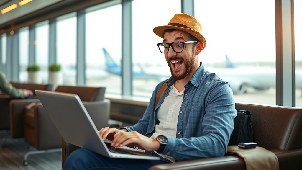 Traveler with excited expression checking flight prices on laptop at airport lounge with window view of planes, professional photography, bright natural lighting, modern airport setting