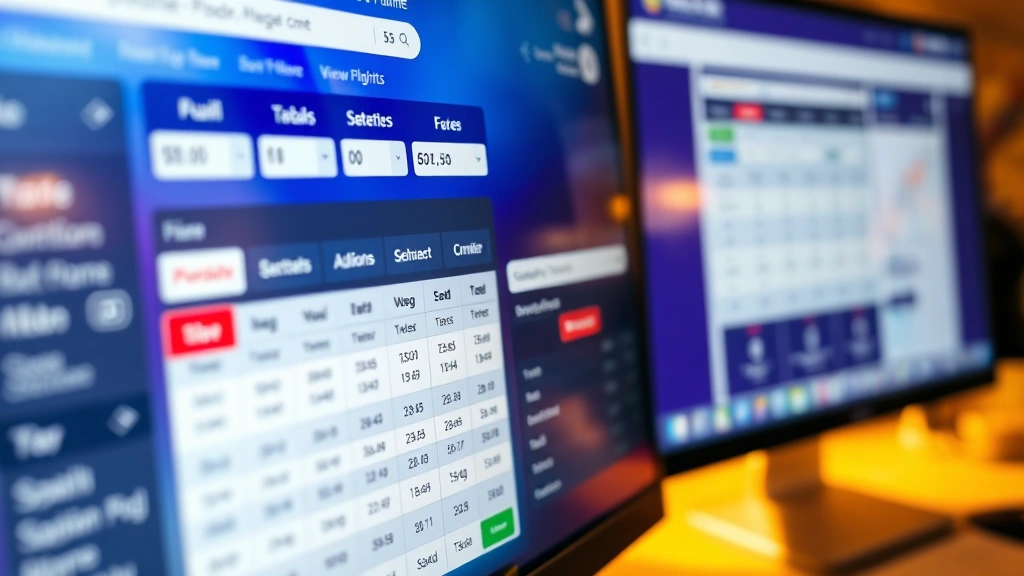 Close-up of multiple flight booking websites displayed on computer monitor showing price comparison charts and calendar grids with different fares highlighted, home office environment, warm lighting