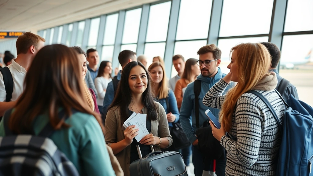 Diverse group of travelers at departure gate with boarding passes ready, boarding area with windows showing aircraft outside, natural daylight, candid travel moment, professional quality