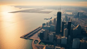 Aerial view of Chicago skyline with Lake Michigan, O'Hare runway visible in distance, early morning golden light, photorealistic professional photography