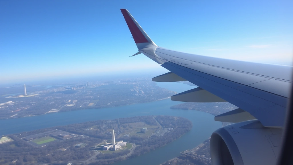 Washington DC monuments visible from airplane window during approach, Potomac River below, clear sky conditions, perspective from aircraft cabin window