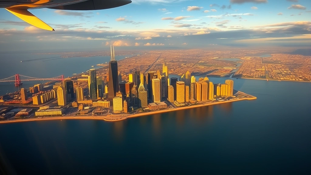 Aerial view of Chicago skyline with Lake Michigan, downtown skyscrapers reflecting sunlight, taken from airplane window during golden hour