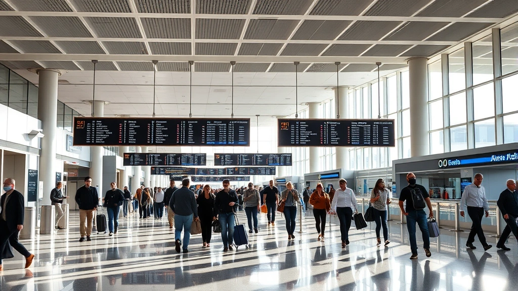 Modern airport terminal interior with travelers walking through corridor, departure boards visible, natural light streaming through windows, busy but organized atmosphere