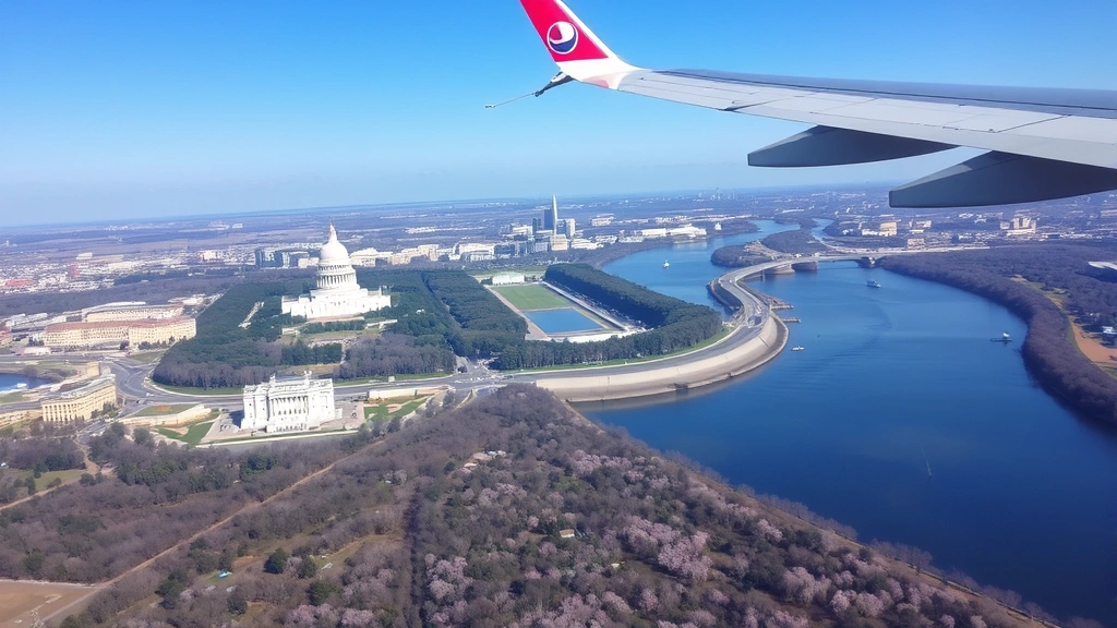 Overhead shot of Washington DC monuments and Potomac River landscape, cherry blossoms visible on trees below, taken from aircraft approaching Reagan National Airport