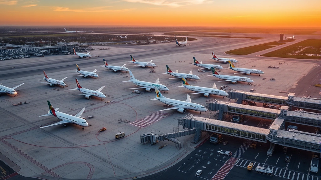 Aerial view of Hartsfield-Jackson Atlanta International Airport with multiple aircraft parked at gates, sunrise lighting, busy tarmac with ground vehicles