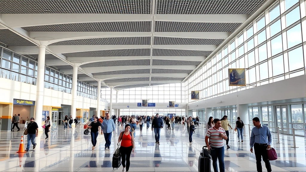 Modern Fort Lauderdale-Hollywood International Airport terminal interior with travelers walking, contemporary architecture, natural light from large windows, bustling passenger activity
